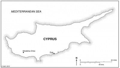 Figure 1. Map of Cyprus showing the locations of sites discussed in the text (by E. McClennen).